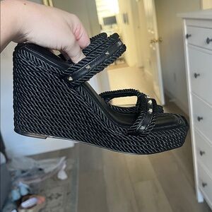 White House Black Market Black Leather Studded Wedge Sandals Size 7.5